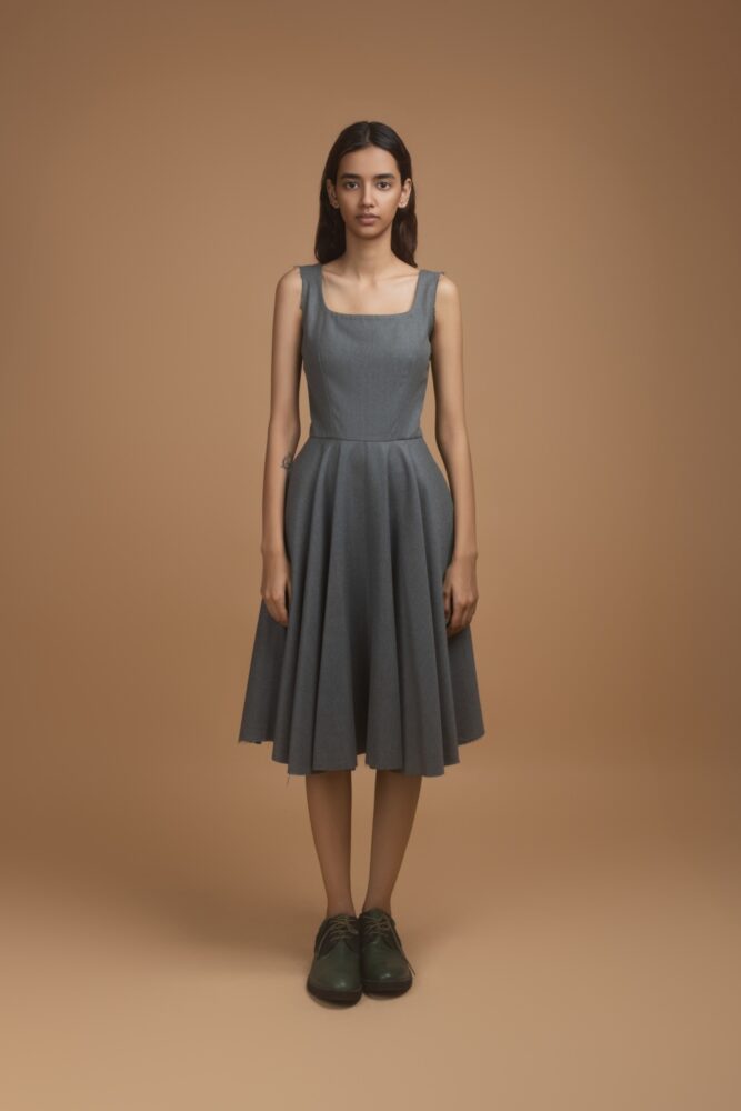 Grey Circle Dress With Frayed Hem and Strap Details