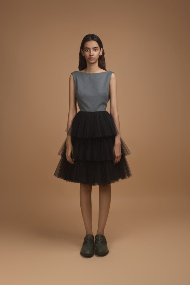 Grey Black Deep V Neck Dress